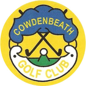 Cowdenbeath Golf Club logo: A yellow circular badge with a blue scalloped band across the top reading COWDENBEATH in yellow capitals, two crossed black golf clubs and a white golf ball on a green mound at the centre, and a white ribbon below reading GOLF CLUB in yellow.