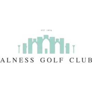 Alness Golf Club logo: A pale teal silhouette of a castellated stone building flanked by two golf tees, with EST 1904 in small gray capitals above and ALNESS GOLF CLUB in dark gray spaced serif capitals below.