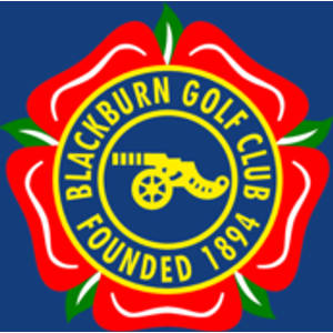 Blackburn Golf Club logo: A red rose with white inner petals and green leaves surrounding a yellow ring reading BLACKBURN GOLF CLUB FOUNDED 1894, with a yellow field cannon on a navy disc at the centre, all set on a navy square.