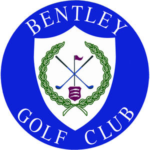 Bentley Golf Club logo: A blue circle enclosing a white shield that holds a green laurel wreath, two crossed golf clubs with blue heads, a maroon pennant on a flagstick and a small maroon shield with white wavy lines, with BENTLEY curved above and GOLF CLUB curved below in white.