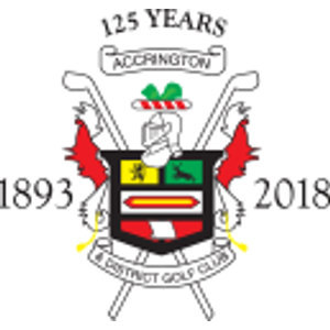 Accrington & District Golf Club logo: A crest with "125 YEARS" arched in black serif above a scroll banner reading "ACCRINGTON", a silver knight's helmet below a green sprig on a red-and-white striped torse, two crossed white golf clubs and red mantling behind a shield of yellow, green, white with a red bar and red with a white charge, flanked by "1893" and "2018" in black serif, above a curved banner reading "& DISTRICT GOLF CLUB".