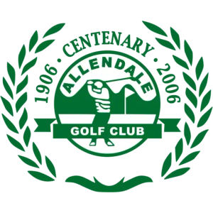 Allendale Golf Club logo: A green circular crest inside an oak-leaf wreath, with a ring reading "1906 CENTENARY 2006" and "ALLENDALE" around a golfer swinging on a green hillside, above a banner reading "GOLF CLUB".