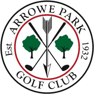 Arrowe Park Golf Course logo: A white circular badge with a black outer ring and a red inner ring reading "ARROWE PARK" arched above and "GOLF CLUB" arched below, with "Est." and "1932" at the sides, enclosing a downward-pointing fletched arrow crossing two golf clubs between two green trees.