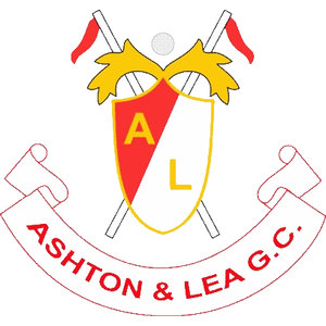 Ashton & Lea Golf Club logo: A shield split diagonally into red with a yellow letter "A" and white with a yellow letter "L", edged in gold and topped by two yellow oak-leaf sprays, with two crossed white golf clubs carrying red pennants and a grey golf ball behind, above a white scroll banner reading "ASHTON & LEA G.C." in red capitals.