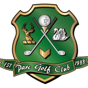 The Parc Golf Club logo: A green shield edged in gold with a gold stag's head on the left, a white swan with raised wings on the right, and a white golf ball on a tee above two crossed golf clubs in the centre, over a gold chevron and a scroll banner reading "EST Parc Golf Club 1988" in white script.
