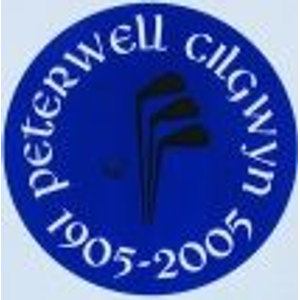 Cilgwyn Golf Club logo: A blue circular badge with white script reading "Peterwell Cilgwyn" arched above three black golf club heads and a white golf ball, with "1905-2005" arched below.