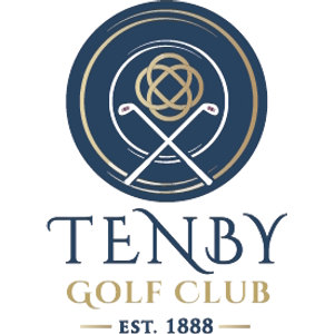 Tenby Golf Club logo: A gold Celtic knot inside a navy circular badge over two crossed white golf clubs, above the wordmark "TENBY" in navy serif capitals and "GOLF CLUB" in gold, with "EST. 1888" beneath.