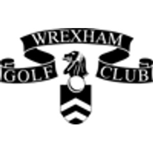 Wrexham Golf Club logo: A black scroll banner reading "WREXHAM" above "GOLF" and "CLUB", with a black heraldic lion facing left above a white golf ball atop a black shield bearing two white chevrons.