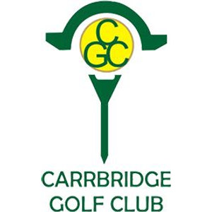 Carrbridge Golf Club logo: A yellow golf ball bearing the green letters C, G and C sitting on a green golf tee beneath a green arc, above the wordmark "CARRBRIDGE GOLF CLUB" in green capitals.