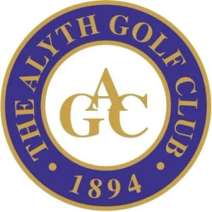 Alyth Golf Club logo: A purple circular badge edged in gold with gold text "THE ALYTH GOLF CLUB" arched around a white inner circle holding an interlocked gold A, G and C monogram, with "1894" in gold below.