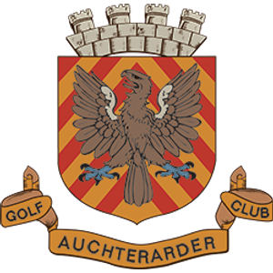 Auchterarder Golf Club logo: A brown eagle with wings displayed and blue talons on a shield striped diagonally in red and orange, beneath a grey stone mural crown of four battlemented towers, above gold scroll banners reading "GOLF", "CLUB" and "AUCHTERARDER".