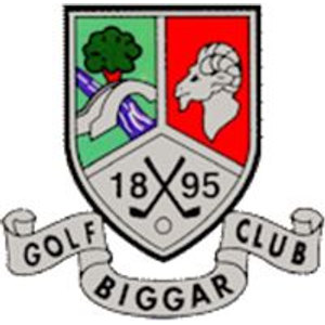 Biggar Golf Club logo: A shield with a green left half showing a dark green tree above a grey stone bridge over a purple river, and a red right half with a grey ram's head facing left with curled horns, over a grey panel bearing "1895" split by two crossed black golf clubs and a white golf ball, above grey scroll banners reading "GOLF", "CLUB" and "BIGGAR".