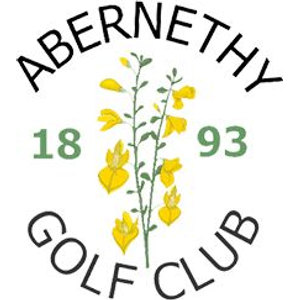 Abernethy Golf Club logo: Two upright green stems bearing yellow pea-shaped flowers and small green leaves, flanked by the green numerals '18' and '93', with black capitals reading 'ABERNETHY' arched above and 'GOLF CLUB' arched below.