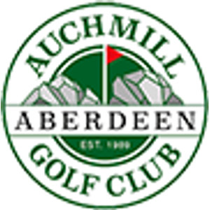 Auchmill Golf Club logo: A white circular badge outlined in dark green enclosing a dark green disc with gray rocky hills and a red flag on a white flagstick, crossed by a white horizontal band reading 'ABERDEEN' in black serif capitals, with 'AUCHMILL' arched above and 'GOLF CLUB' arched below in green.