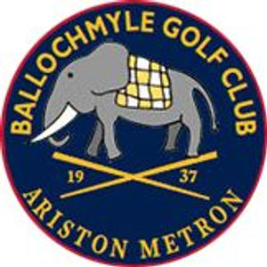 Ballochmyle Golf Club logo: A navy circular badge with a red outer ring showing a gray elephant facing left wearing a yellow-and-white checkered blanket, above two crossed gold golf clubs flanking the numerals '19' and '37', with 'BALLOCHMYLE GOLF CLUB' arched in gold above and 'ARISTON METRON' arched in gold below.