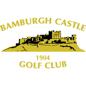 Bamburgh Castle Golf Club logo: Gold serif capitals reading 'BAMBURGH CASTLE' arched above a gold illustration of a long castle with towers and a keep standing on a rocky headland, picked out with black shading, with '1904' and 'GOLF CLUB' in gold below.