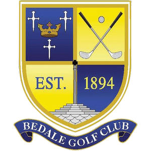 Bedale Golf Club logo: A gold-edged shield quartered navy and yellow, with three white crosses around a gold crown at top left, two crossed golf clubs beneath a white golf ball at top right, and 'EST.' and '1894' across the lower quarters, a gray stone market cross on stepped steps rising up the centre, above a navy ribbon banner reading 'BEDALE GOLF CLUB' in white.