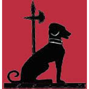 Birtley Golf Club logo: A black weathervane-style silhouette of a seated hound with a curled tail and a white collar facing right, beside an upright black halberd on a pole, standing on a black bar against a solid crimson-red square.
