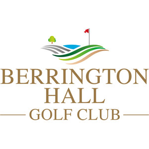Berrington Hall Golf Club logo: A stylized landscape of layered green, gray and tan curved bands with a blue pond, a small green tree at the left and a red flag on a flagstick at the right, above the brown serif wordmark 'BERRINGTON HALL GOLF CLUB'.