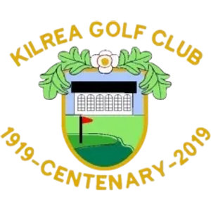 Kilrea Golf Course logo: A gold-edged shield showing a white clubhouse with arched windows and a black roof above a green fairway with a red flag, topped by a white yellow-centred flower between green oak leaves, ringed by gold text KILREA GOLF CLUB and 1919-CENTENARY-2019.