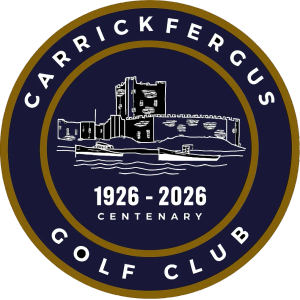 Carrickfergus Golf Course logo: A navy circular badge ringed in gold with a white line-art drawing of Carrickfergus Castle above boats on water, the white text 1926 - 2026 CENTENARY beneath, encircled by white CARRICKFERGUS above and GOLF CLUB below.
