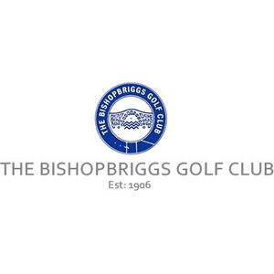 Bishopbriggs Golf Club logo: A blue circular badge lettered THE BISHOPBRIGGS GOLF CLUB in white, enclosing a white disc with a blue line-art stone bridge arching over wavy water, above the grey wordmark THE BISHOPBRIGGS GOLF CLUB and Est: 1906.