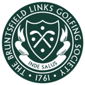 Bruntsfield Links logo: A dark green circular seal enclosing a white shield with two crossed golf clubs and four golf balls, flanked by white feathered mantling, above a scroll reading INDE SALUS, encircled by white text THE BRUNTSFIELD LINKS GOLFING SOCIETY and the year 1761.