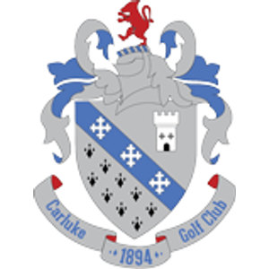 Carluke Golf Club logo: A grey shield strewn with black ermine spots and charged with a white tower, crossed by a blue diagonal band bearing three white crosses, beneath a helmet with blue-and-grey mantling topped by a red rampant lion, above a grey scroll lettered Carluke Golf Club and 1894 in blue.