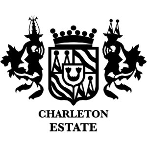 Charleton Golf Course  logo: A black heraldic crest with two rampant beasts flanking a vertically striped shield bearing a smaller inner shield, topped by a ball-tipped coronet, above the words CHARLETON ESTATE in black serif capitals.