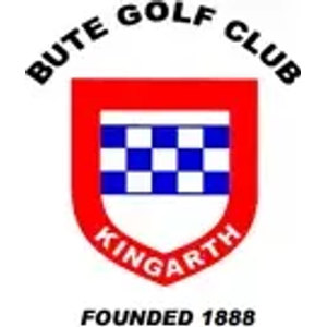 Bute Golf Club logo: A red shield crossed by a blue-and-white chequered band with KINGARTH in white across its base, below arched black text BUTE GOLF CLUB and above FOUNDED 1888 in black capitals.