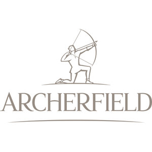 Archerfield Links Golf Club logo: A brown line-art archer kneeling on one knee and drawing a longbow to the right, above the word ARCHERFIELD in brown serif capitals over a thin curved line.