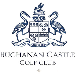 Buchanan Castle Golf Club logo: Two navy herons flanking a quartered shield strewn with small roundels, topped by a helmet bearing a bird crest, above a scroll reading NOUBLIEZ, with BUCHANAN CASTLE GOLF CLUB in navy serif capitals beneath.
