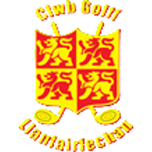 Llanfairfechan Golf Club logo: A quartered red and yellow shield bearing four lions rampant in alternating red and yellow, set over two crossed golf clubs whose yellow heads show below it, with 'Clwb Golff' arched above and 'Llanfairfechan' arched below in yellow lettering.