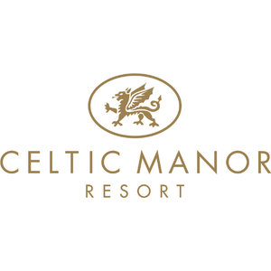 The Twenty Ten Course logo: A gold Welsh dragon walking left with wings raised and tail curled, inside a gold oval outline, above 'CELTIC MANOR RESORT' in gold serif capitals.