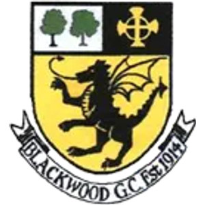 Blackwood Golf Club logo: A shield with two green trees on white in the upper left and a gold Celtic cross on black in the upper right, above a black winged dragon rampant facing left on a yellow field, over a white ribbon banner reading 'BLACKWOOD G.C. Est 1914'.