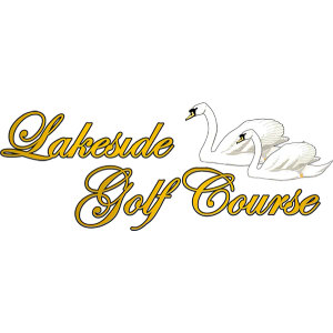 Lakeside Golf Course logo: Two white swans in line art swimming right, one behind the other, beside 'Lakeside Golf Course' written across two lines in gold cursive script.
