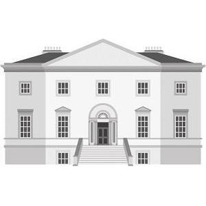 Backworth Golf Club logo: A grey and white flat illustration of a symmetrical two-storey Georgian hall with a central pediment, an arched fanlight doorway flanked by columns, a straight central flight of steps and two chimneys.