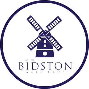 Bidston Golf Club logo: A navy windmill with four sails inside a thick navy circular ring, above 'EST 1913' in small navy capitals, 'BIDSTON' in bold navy serif capitals and 'GOLF CLUB' in small letters beneath.