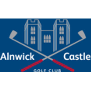 Alnwick Castle Golf Club logo: A navy blue square badge showing a pale blue castle with two crenellated towers flanking a central gatehouse, two grey golf clubs with red-striped grips crossed behind it, the white wordmark Alnwick to the left and Castle to the right, and GOLF CLUB in small white capitals beneath.