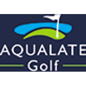 Aqualate Golf Centre logo: A dark navy logo showing a blue pond beside a green putting-green mound with a white flag on a white flagstick, above the white capital wordmark AQUALATE and, below it, the word Golf flanked by two short green dashes.