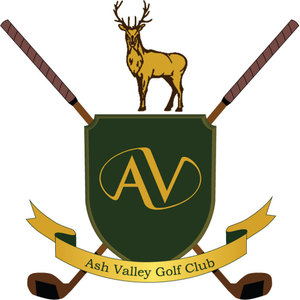 Ash Valley Golf Club logo: A dark green shield with a gold stag standing on top, two golf clubs with brown grips crossed behind it, a gold interlocking AV monogram on the shield, and a yellow ribbon banner below reading Ash Valley Golf Club.