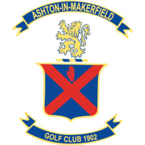 Ashton-In-Makerfield Golf Club logo: A heraldic crest with a blue ribbon banner above reading ASHTON-IN-MAKERFIELD, a gold lion rampant facing left standing on a blue and gold barred wreath, a blue shield below bearing a red saltire cross with a small red open hand above it, and a blue ribbon banner beneath reading GOLF CLUB 1902.