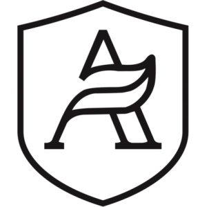 Aldenham Golf Club logo: A black-outlined shield containing a large serif letter A whose crossbar is a leaf-shaped stroke sweeping out to the right past the letter, drawn as black line art on a white background.