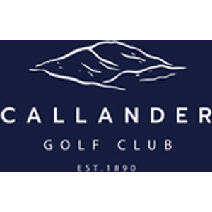 Callander Golf Club logo: A navy square logo with a white line-drawn mountain ridge above the white capital wordmark CALLANDER, then GOLF CLUB, then EST.1890.