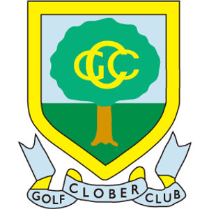 Clober Golf Club logo: A yellow-bordered shield with a pale blue sky, a green rounded tree bearing a yellow interlocking CGC monogram, a brown trunk on dark green ground, and a pale blue ribbon banner below reading GOLF CLOBER CLUB.