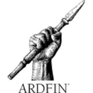 Ardfin Golf Course logo: Black-and-white engraved line art of a clenched fist gripping a spear angled up to the right, above the black serif wordmark ARDFIN.