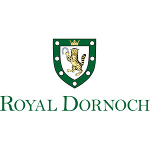 Championship Course logo: A green shield with a gold crown above and a white centre panel, bearing a gold black-striped wildcat standing upright and holding a grey horseshoe in its raised left paw, with seven white roundels spaced around the green border, beside the green serif wordmark ROYAL DORNOCH.
