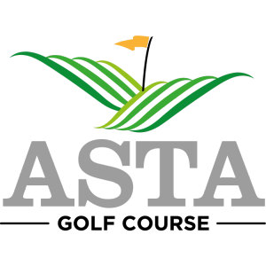 Asta Golf Club logo: Two curved leaf-shaped hills striped in light and dark green with an orange pennant flag on a black flagstick rising between them, above the gray wordmark ASTA and the black words GOLF COURSE between two rules.