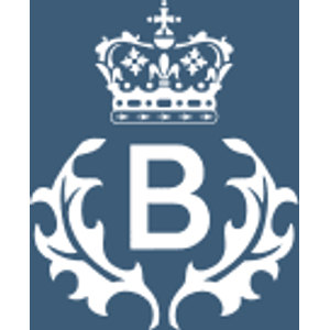 Balmoral Estate 9-hole golf course logo: A white crown above a white letter B flanked by curling white foliate scrollwork, on a solid navy blue square background.