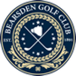 Bearsden Golf Club logo: A navy blue and gold circular badge with BEARSDEN GOLF CLUB arched around a gold laurel-wreath ring, crossed silver golf clubs ringed by small white stars at the centre, and EST. 1891 in gold to either side.